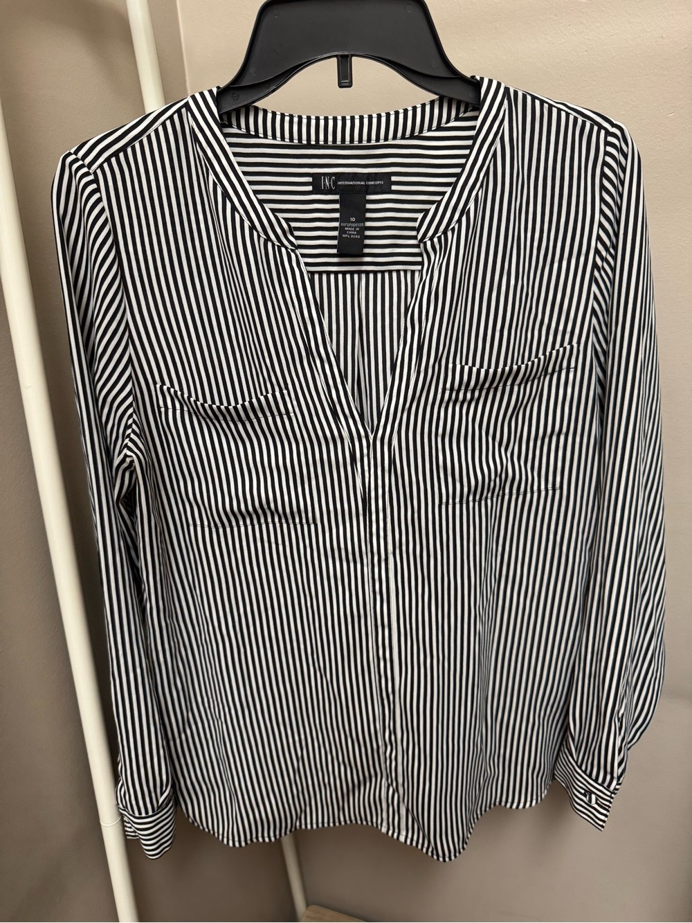 INC International Concepts Black & White Vertical Stripe V-Neck Top